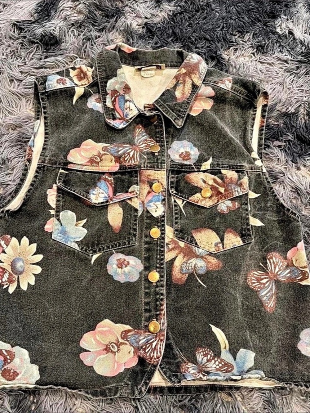 Stampede Floral Denim Vest Black & Pink Size Medium